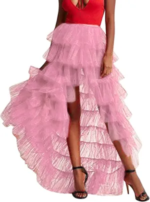 Woman's Cake High Waist Skirt Pleated Skirt Bubble Skirt Long High Low Ruffles Party Tulle Skirt Plaid Schoolgirl