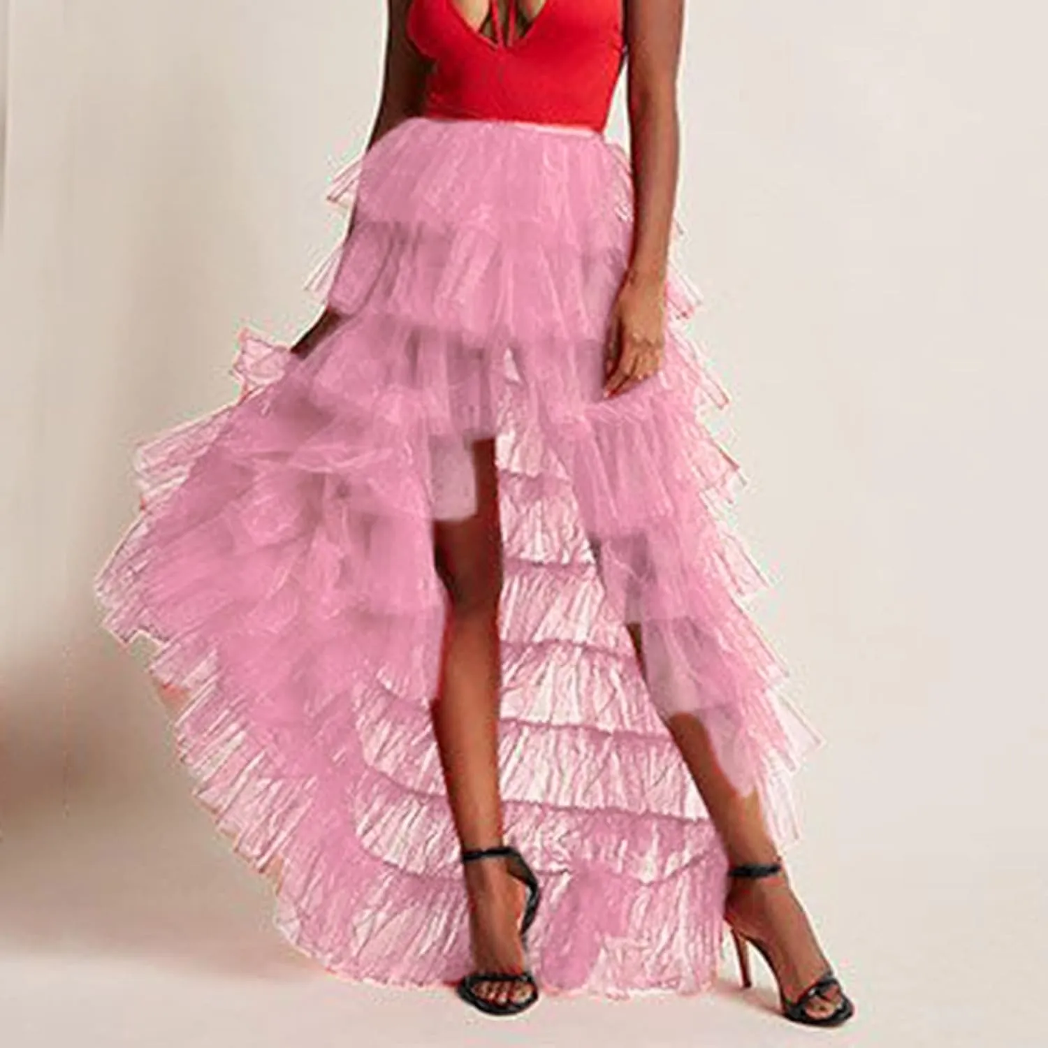 Woman's Cake High Waist Skirt Pleated Skirt Bubble Skirt Long High Low Ruffles Party Tulle Skirt Plaid Schoolgirl