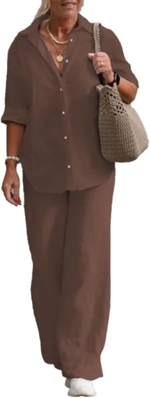 Women 2 Piece Cotton Linen Outfits Casual Loose Roll Sleeve Button Top Shirt High Waist Wide Leg Pants Sets