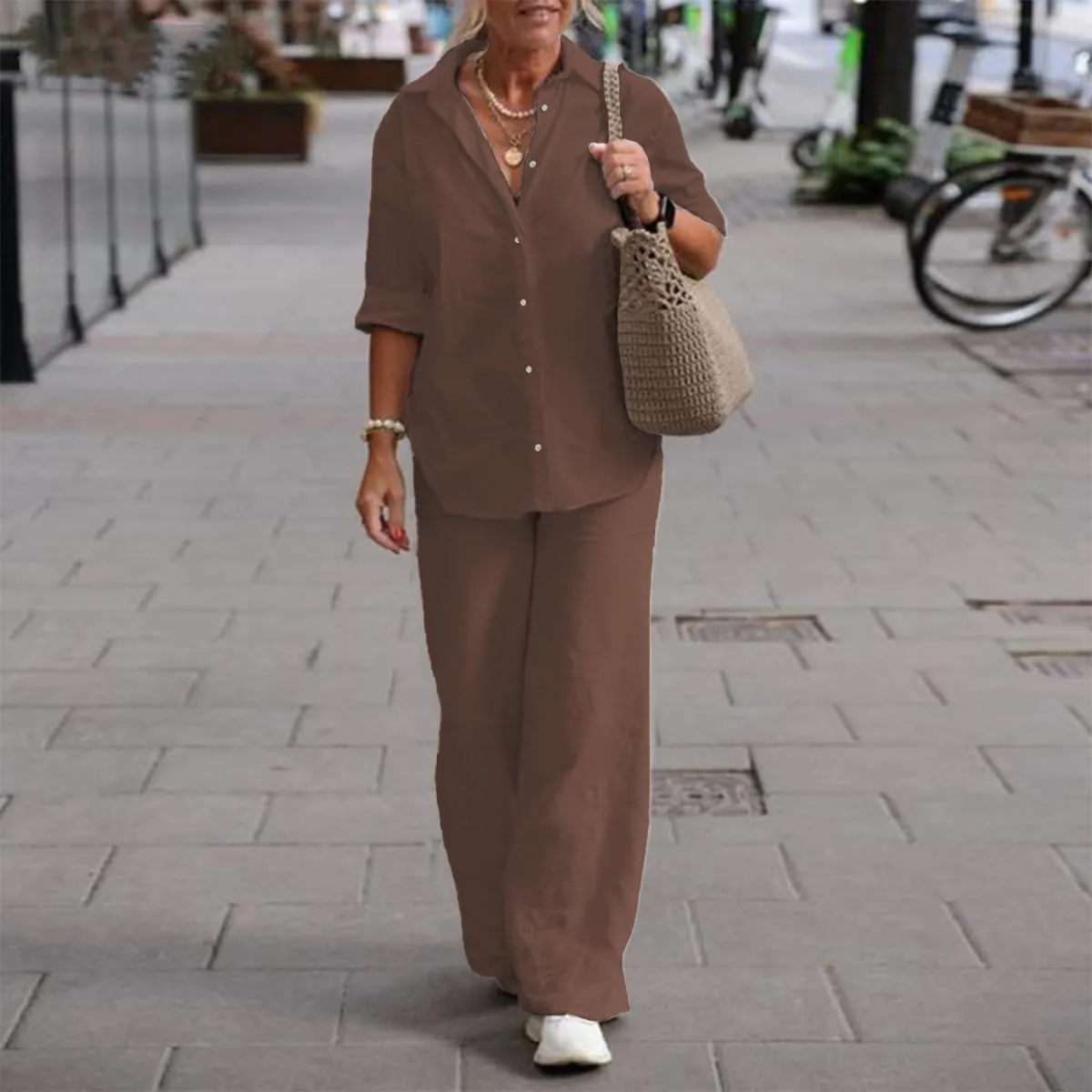Women 2 Piece Cotton Linen Outfits Casual Loose Roll Sleeve Button Top Shirt High Waist Wide Leg Pants Sets