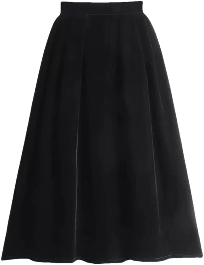 Women Autumn Winter Elastic Waist Skirt Velour A Line Skirt Retro Vintage Long Midi Skirt