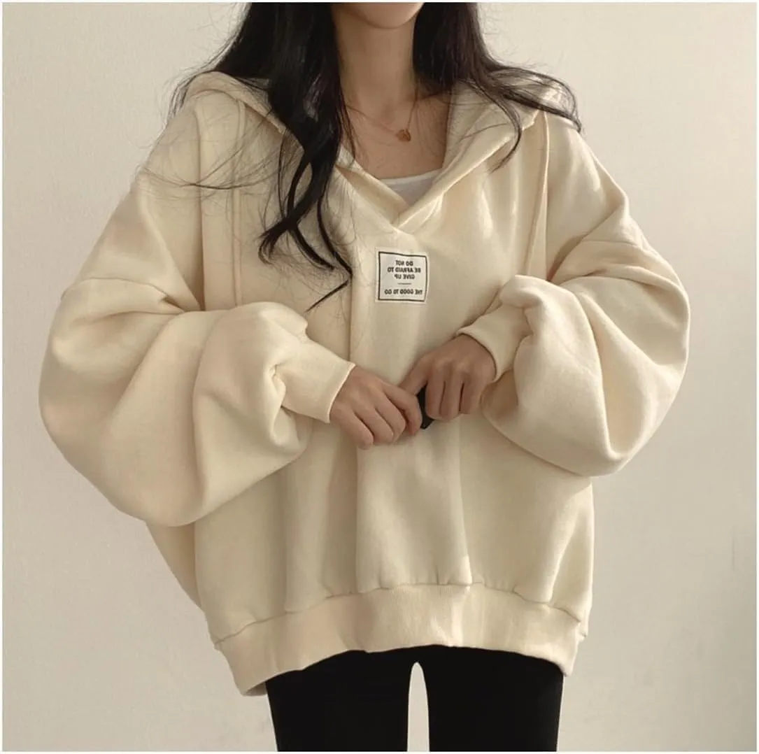 Women Bat Sleeve Oversized Hoodie V Neck Solid Casual Loose Pullover Long Sleeve Sweatshirts