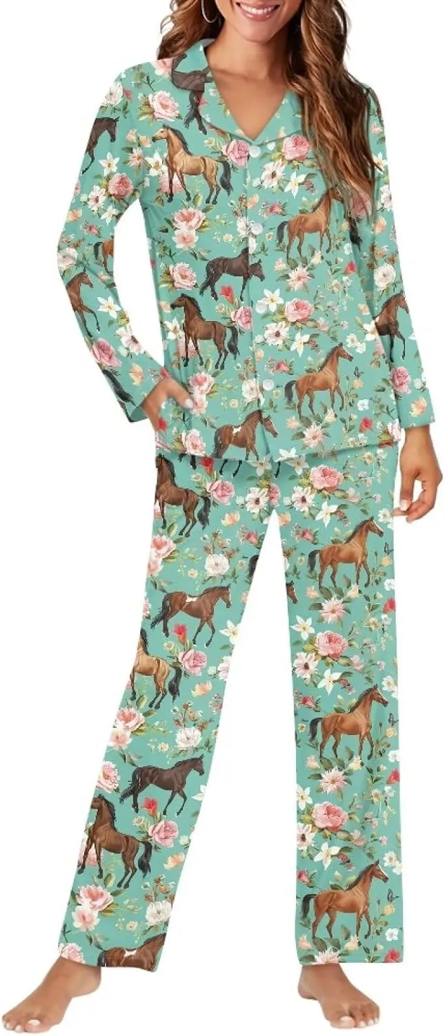 Women Button Down Pajamas Long Sleeve Sleepwear Size XS-4XL