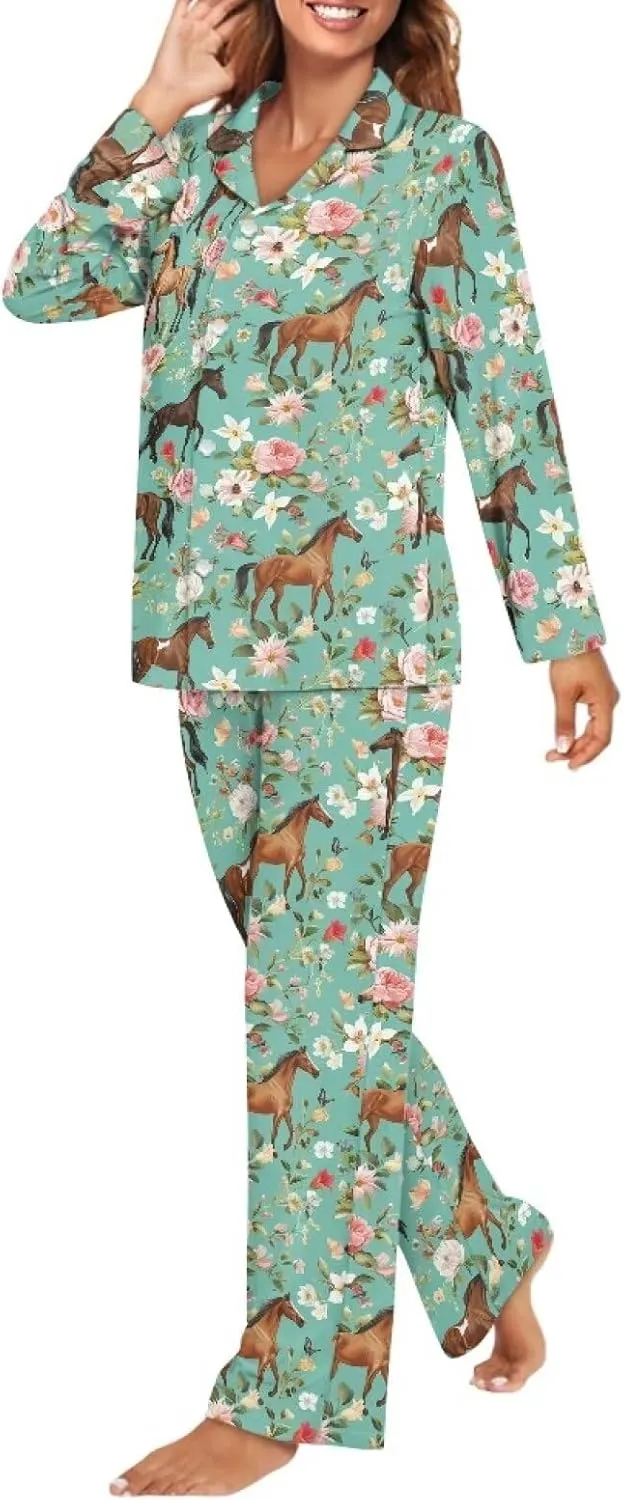 Women Button Down Pajamas Long Sleeve Sleepwear Size XS-4XL