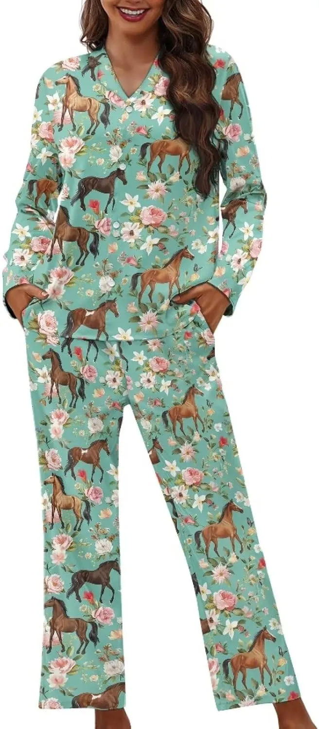 Women Button Down Pajamas Long Sleeve Sleepwear Size XS-4XL