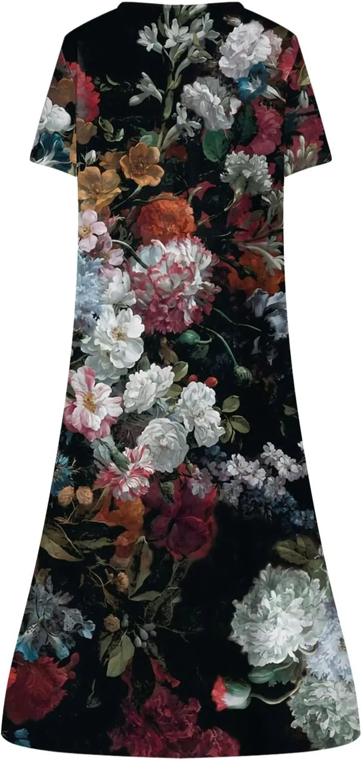 Women Casual Summer Stripe Button V Neck Sleeveless Pocket Holiday Dress Floral Sundress Midi Dress