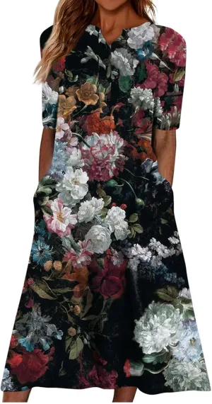 Women Casual Summer Stripe Button V Neck Sleeveless Pocket Holiday Dress Floral Sundress Midi Dress