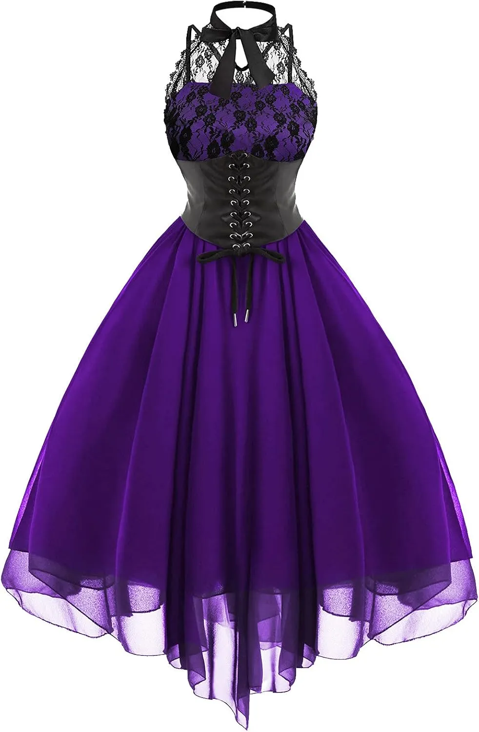Women Gothic Sexy Dress Lace Panel Chiffon Dress Sexy Banquet Evening Dresses Goth Style Lace Halter Dress Swing Dress