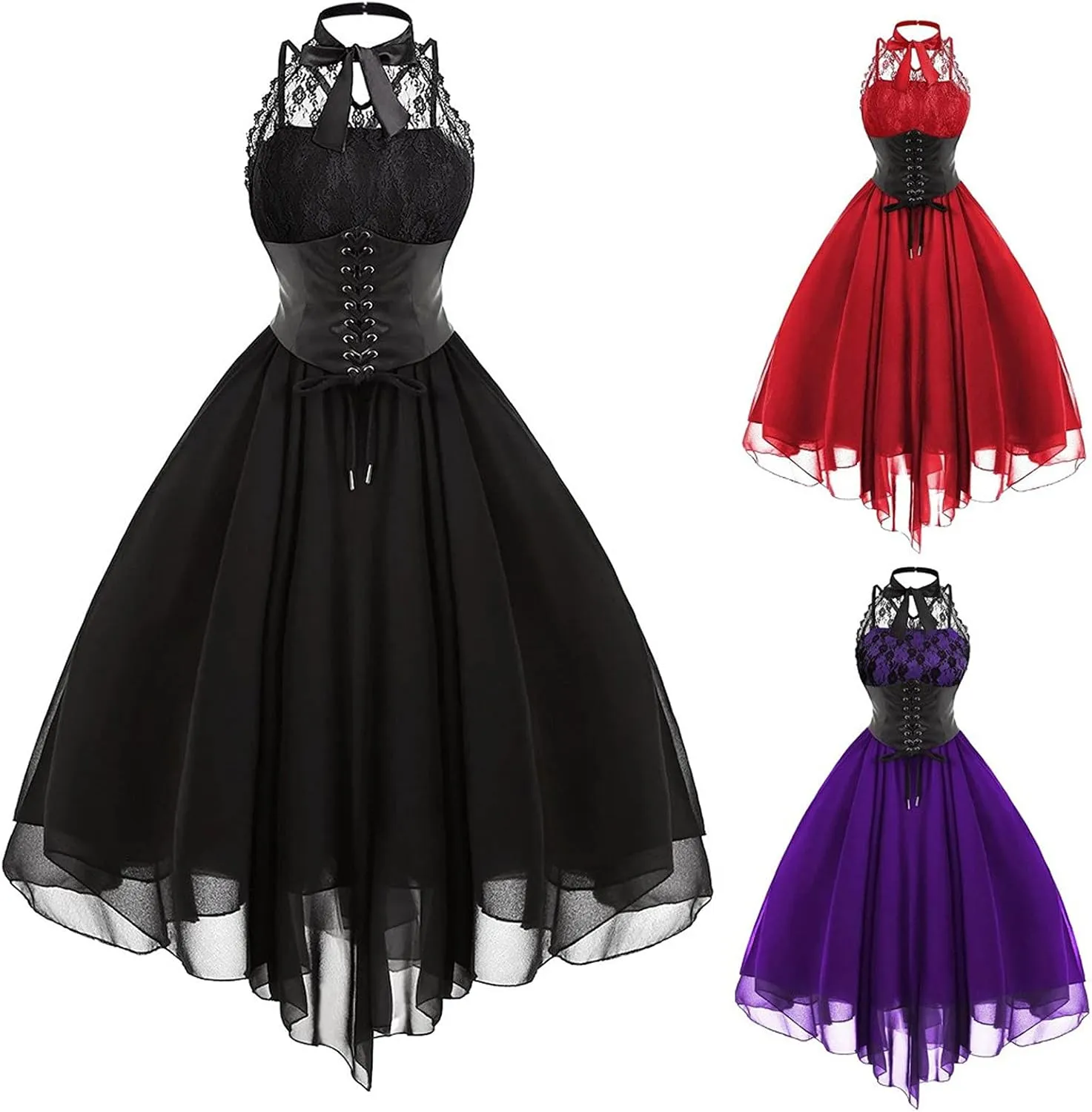 Women Gothic Sexy Dress Lace Panel Chiffon Dress Sexy Banquet Evening Dresses Goth Style Lace Halter Dress Swing Dress