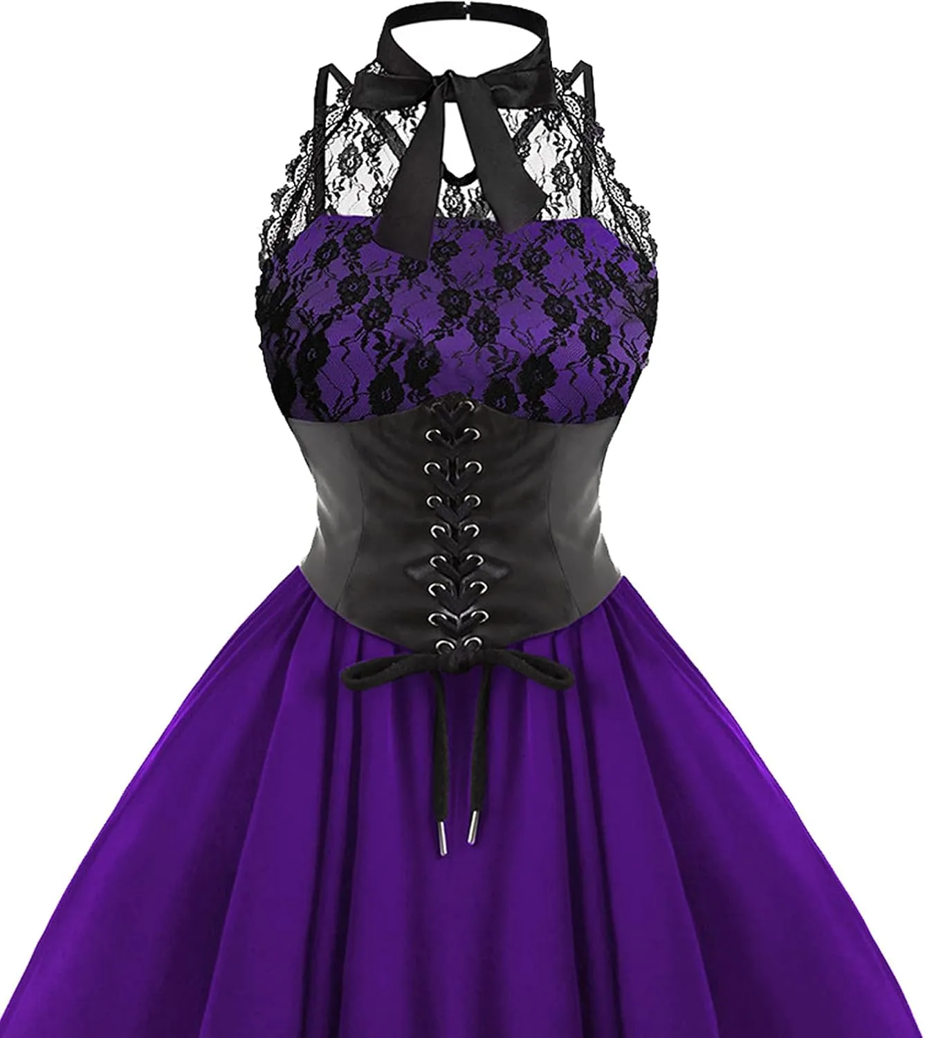 Women Gothic Sexy Dress Lace Panel Chiffon Dress Sexy Banquet Evening Dresses Goth Style Lace Halter Dress Swing Dress