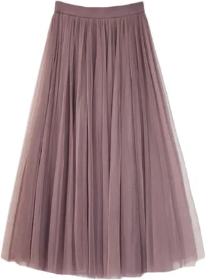 Women Korean Midi Summer Tulle Skirt Casual High Waist Pleated School Long A-Line Skirt