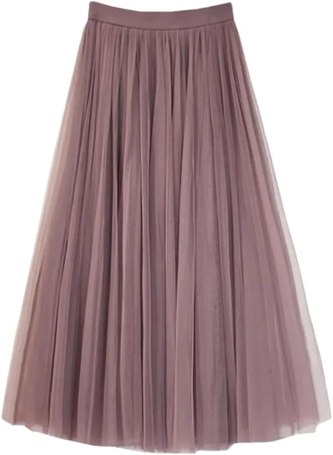 Women Korean Midi Summer Tulle Skirt Casual High Waist Pleated School Long A-Line Skirt