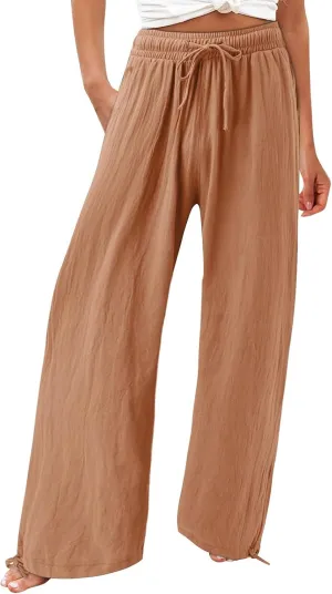 Women Linen Palazzo Pants Summer Boho Wide Leg High Waist Elastic Drawstring Casual Lounge Pant Trousers with Pockets