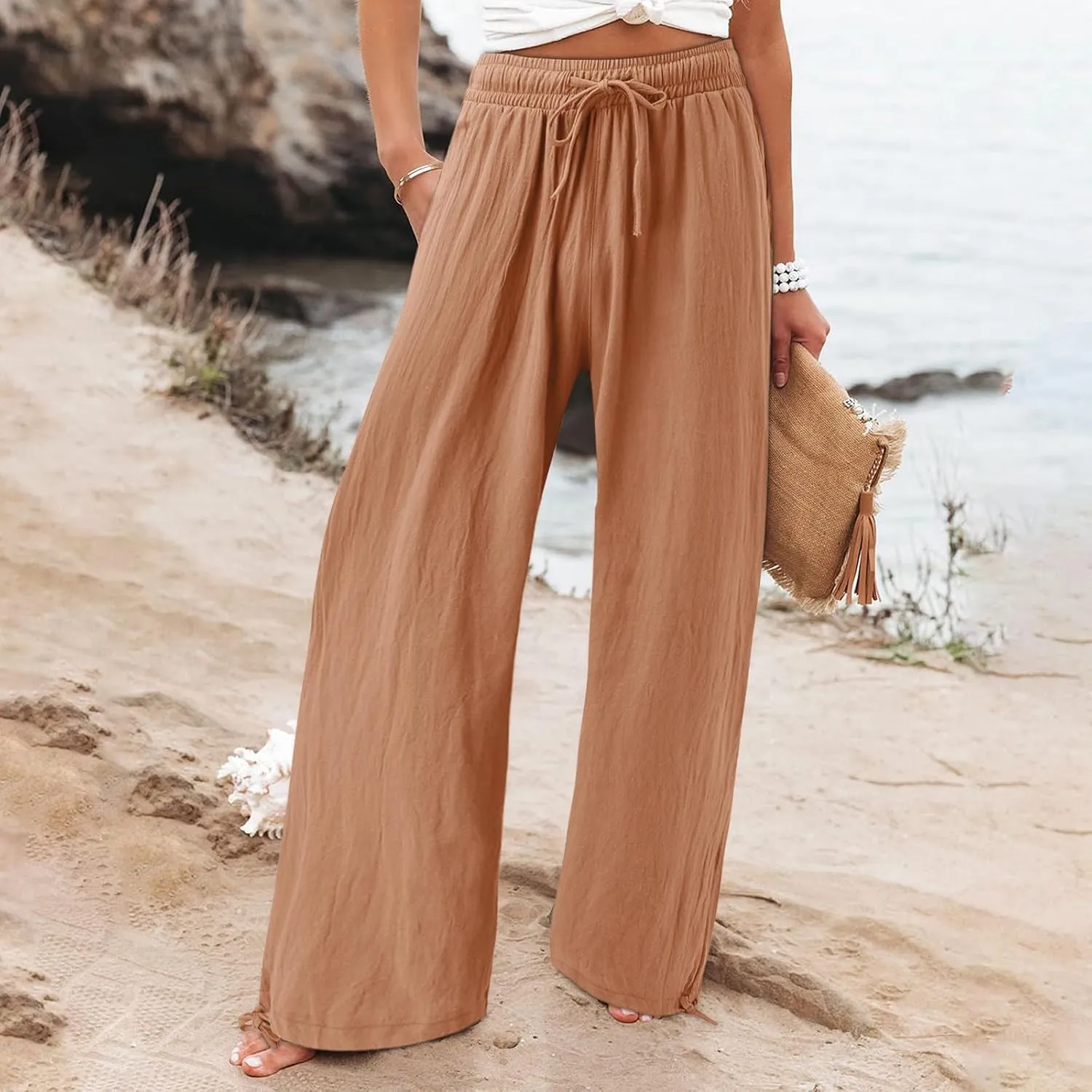 Women Linen Palazzo Pants Summer Boho Wide Leg High Waist Elastic Drawstring Casual Lounge Pant Trousers with Pockets