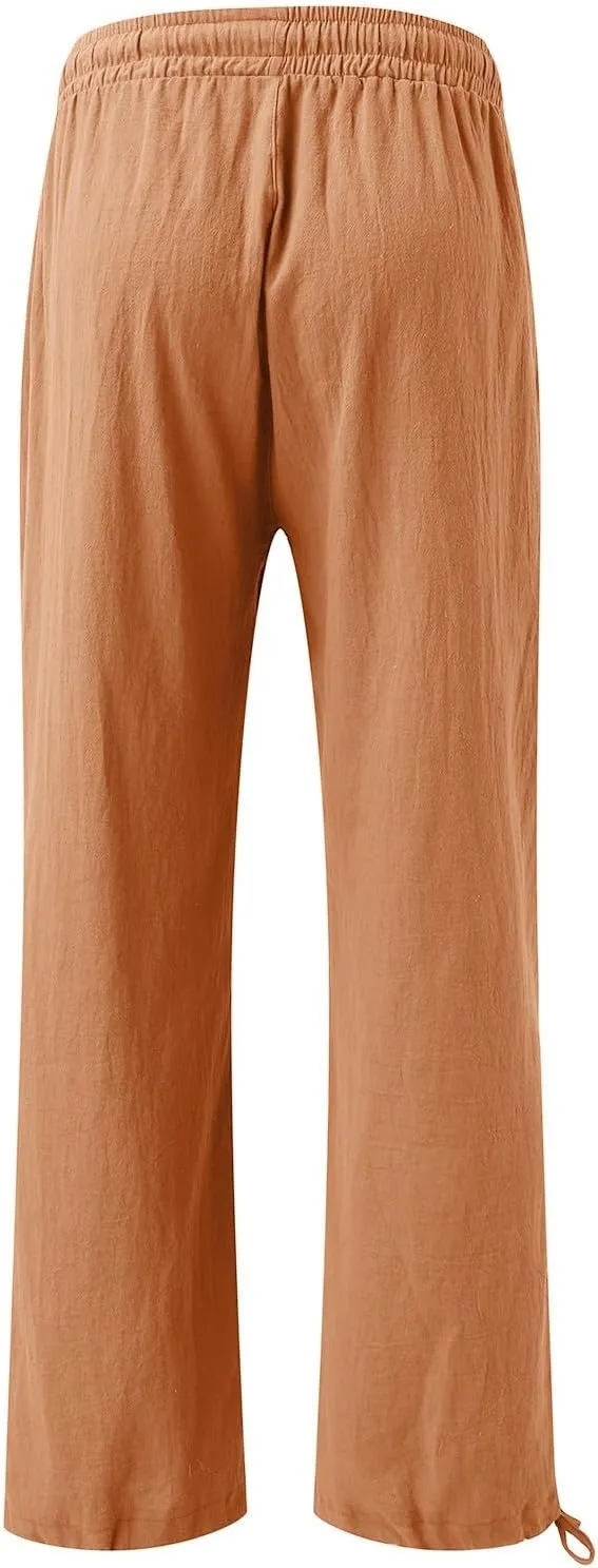 Women Linen Palazzo Pants Summer Boho Wide Leg High Waist Elastic Drawstring Casual Lounge Pant Trousers with Pockets