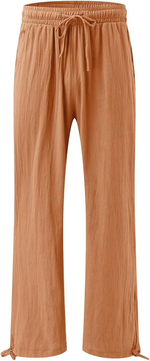 Women Linen Palazzo Pants Summer Boho Wide Leg High Waist Elastic Drawstring Casual Lounge Pant Trousers with Pockets