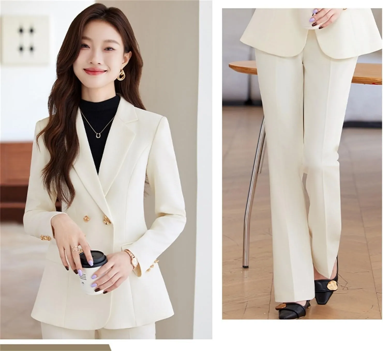 Women Pant Suit 2 Piece Set Ladies Female Autumn Spring Business Work Wear Formal Blazer Jacket and Trouser