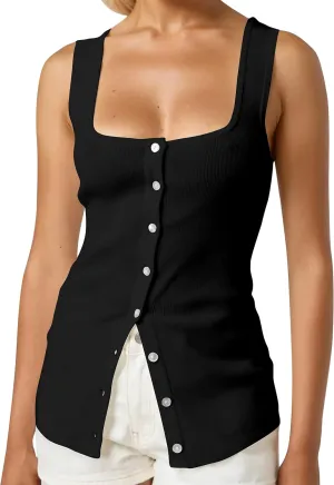 Women Square Neck Button Down Knit Tank Top Button-Up U Neck Sleeveless Backless Solid Slim Sexy Sweater Vest Tops Black