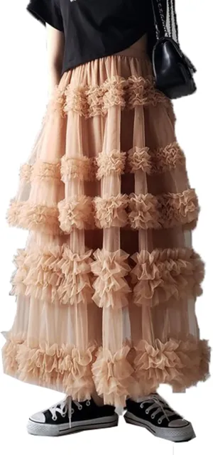 Women Tulle Long Skirt Tiered Layered Sheer Mesh Tutu Skirt Elastic Waist A-Line Flowy Maxi Skirt for Wedding Party