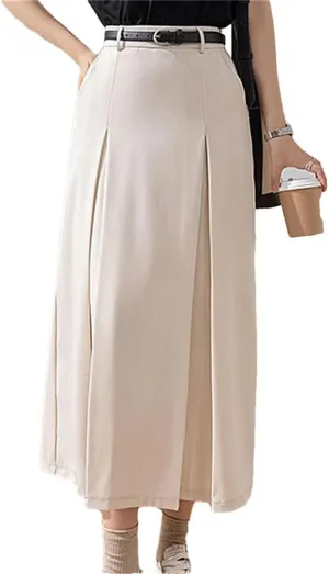 Women Vintage Pleated Casual Mid Length A-Line Skirts for Elegant High Waist Solid Color Office Lady Long Skirts Beige S