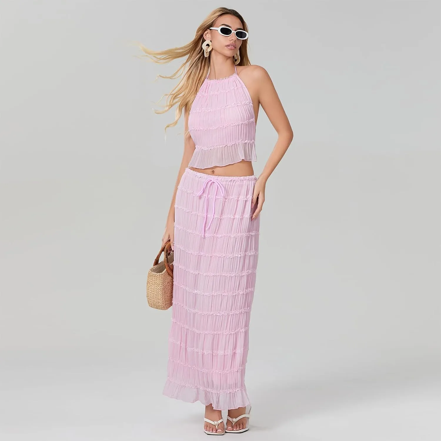 Women Y2k 2 Piece Maxi Skirt Set Lace Up Backless Tank Top Flowy Ruffle Long Skirt Outfits Going Out Streetwear