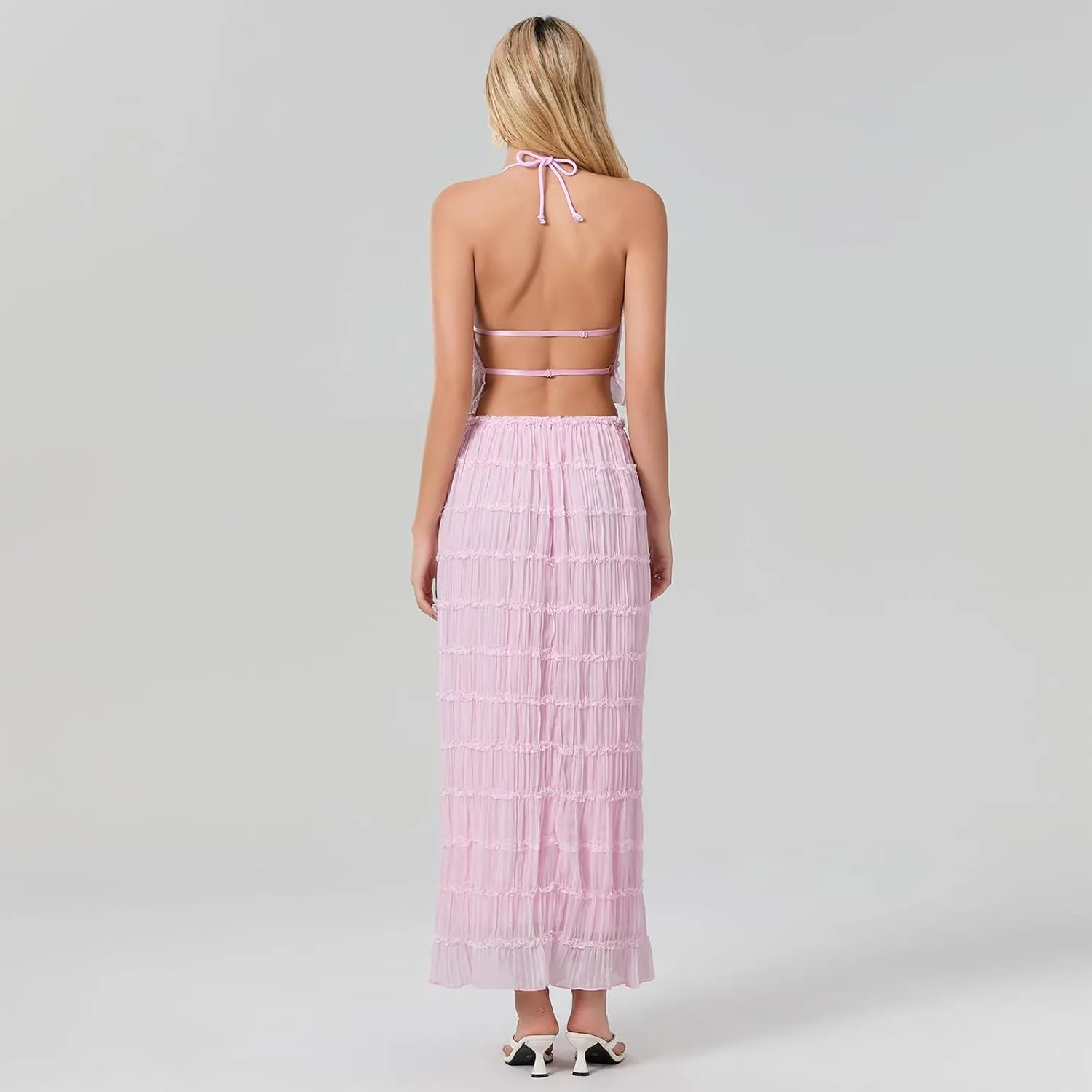 Women Y2k 2 Piece Maxi Skirt Set Lace Up Backless Tank Top Flowy Ruffle Long Skirt Outfits Going Out Streetwear