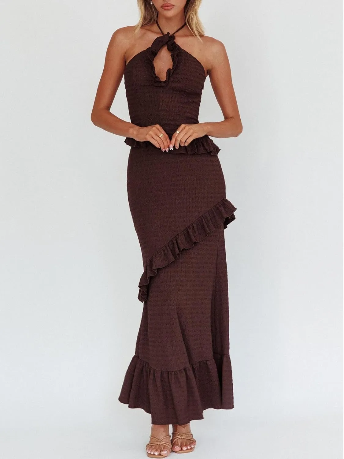 Women Y2k 2 Piece Maxi Skirt Set Lace Up Backless Tank Top Flowy Ruffle Long Skirt Outfits Going Out Streetwear