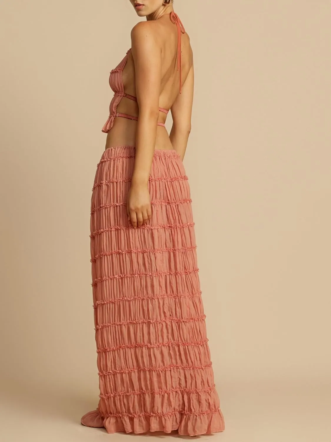 Women Y2k 2 Piece Maxi Skirt Set Lace Up Backless Tank Top Flowy Ruffle Long Skirt Outfits Going Out Streetwear