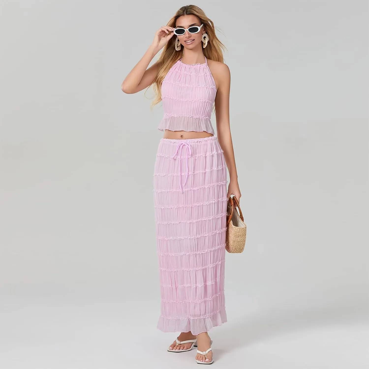 Women Y2k 2 Piece Maxi Skirt Set Lace Up Backless Tank Top Flowy Ruffle Long Skirt Outfits Going Out Streetwear