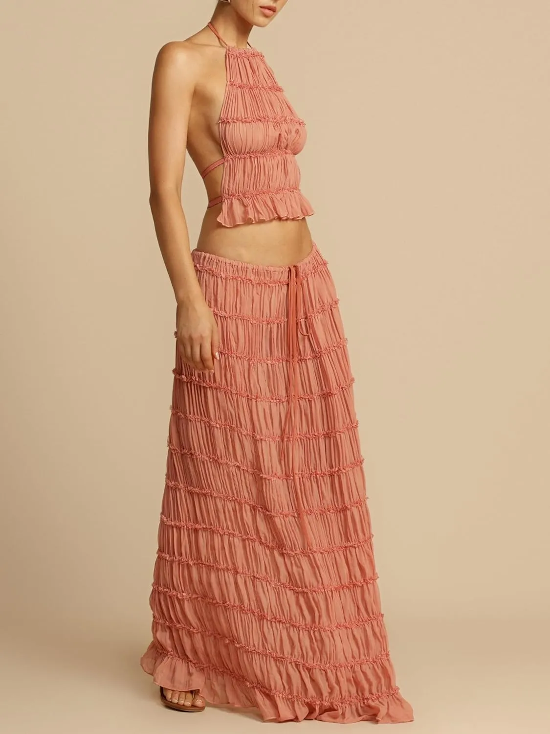 Women Y2k 2 Piece Maxi Skirt Set Lace Up Backless Tank Top Flowy Ruffle Long Skirt Outfits Going Out Streetwear