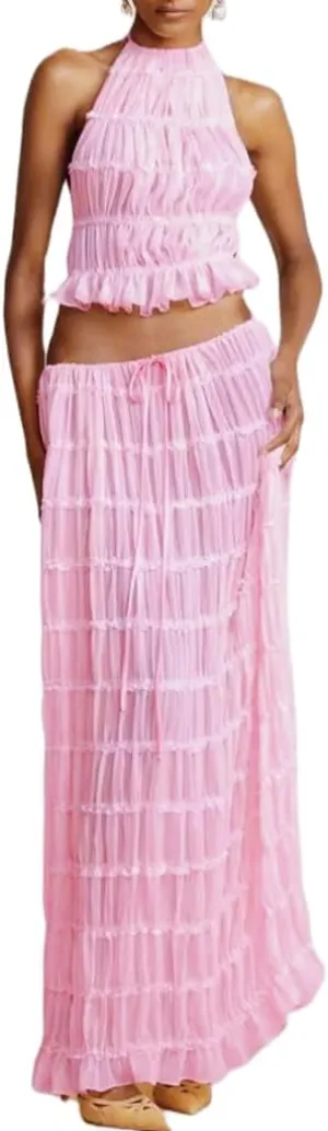 Women Y2k 2 Piece Maxi Skirt Set Lace Up Backless Tank Top Flowy Ruffle Long Skirt Outfits Going Out Streetwear
