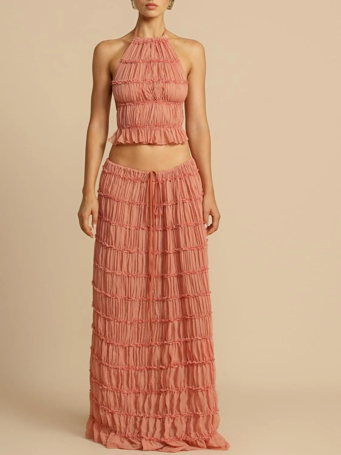Women Y2k 2 Piece Maxi Skirt Set Lace Up Backless Tank Top Flowy Ruffle Long Skirt Outfits Going Out Streetwear