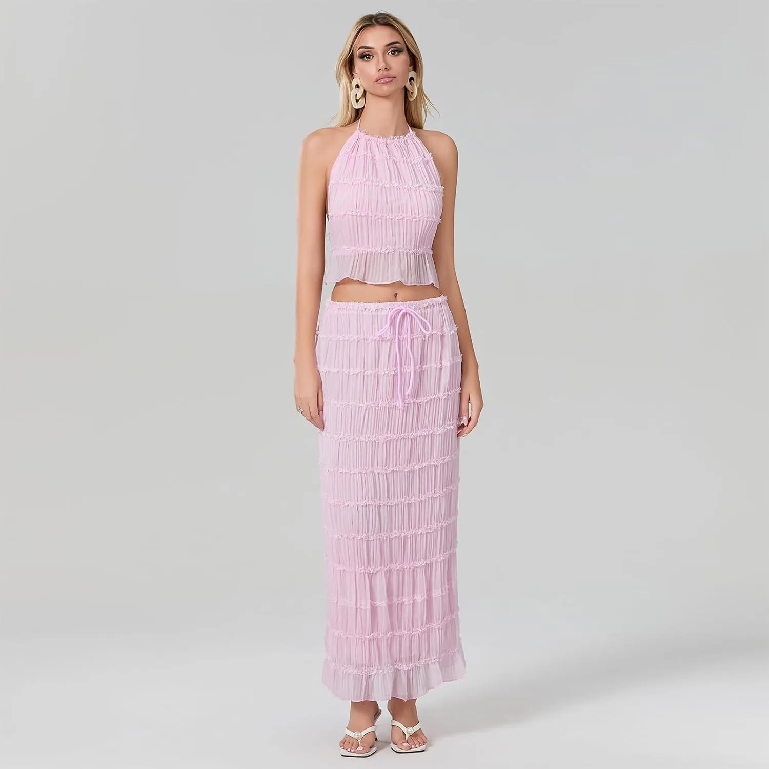 Women Y2k 2 Piece Maxi Skirt Set Lace Up Backless Tank Top Flowy Ruffle Long Skirt Outfits Going Out Streetwear