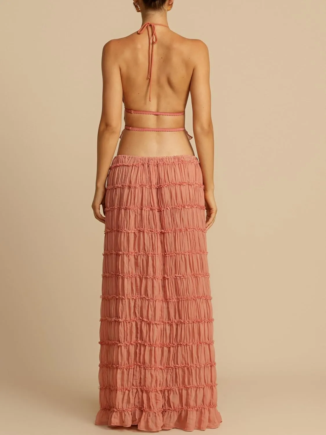 Women Y2k 2 Piece Maxi Skirt Set Lace Up Backless Tank Top Flowy Ruffle Long Skirt Outfits Going Out Streetwear