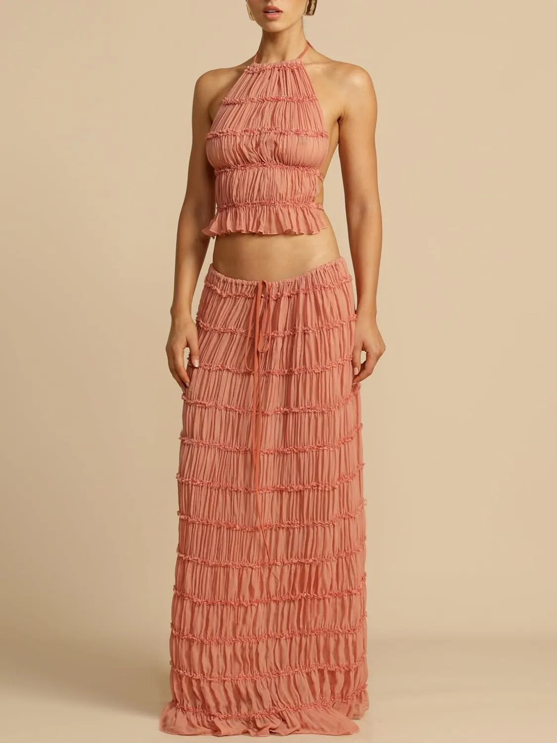 Women Y2k 2 Piece Maxi Skirt Set Lace Up Backless Tank Top Flowy Ruffle Long Skirt Outfits Going Out Streetwear