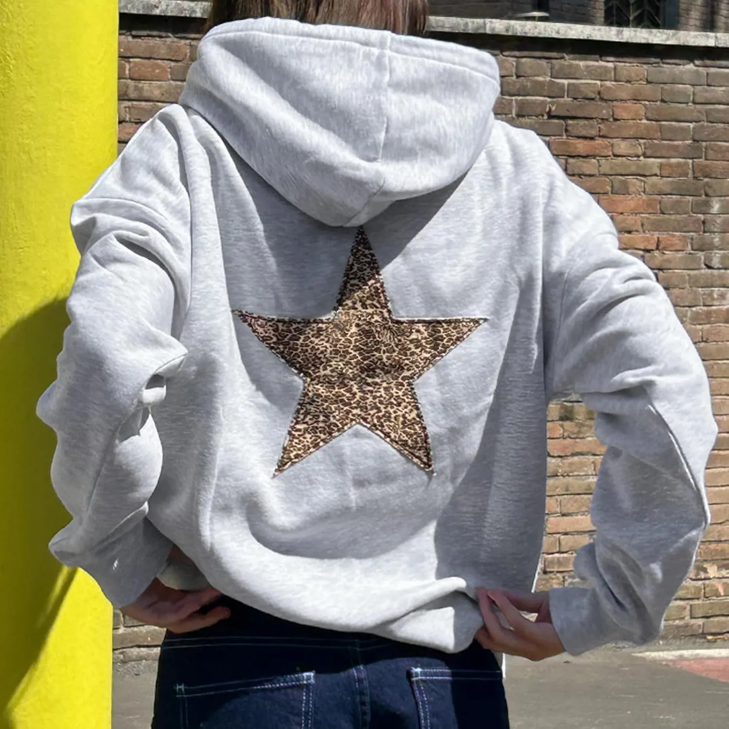 Women Y2k Star Print Oversized Hoodies Long Sleeve Front Pocket Hooded Pullover Top Graphic Sweatshirts Streetwear