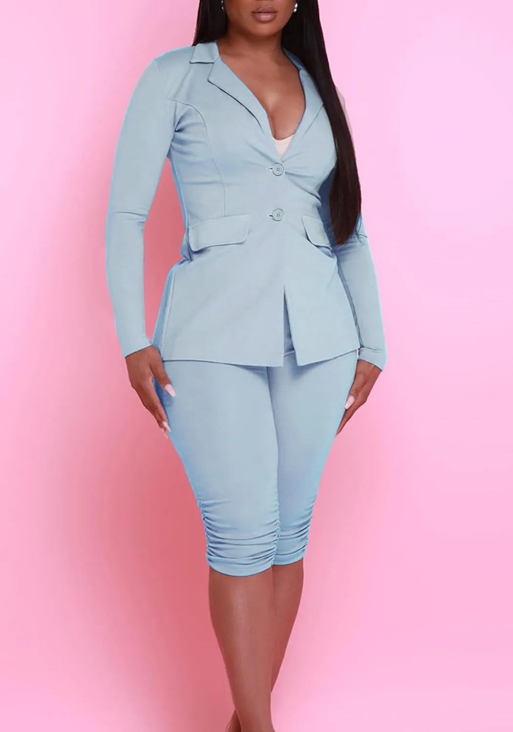 Women's 2 Piece Blazer Sets Open Front Long Sleeve Blazer Slim Fit Bermuda Shorts Pants Suit Sets Business Outfits