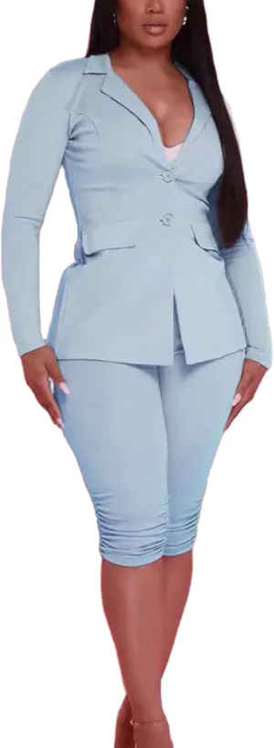 Women's 2 Piece Blazer Sets Open Front Long Sleeve Blazer Slim Fit Bermuda Shorts Pants Suit Sets Business Outfits