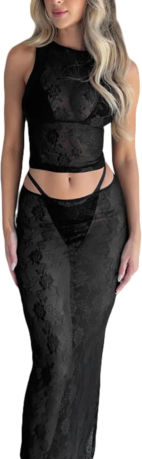 Women's 2 Piece Lace Maxi Skirt Set Sexy Mesh See Through Long Dress Set Sheer Long Sleeve Crop Tops Going Out Sets