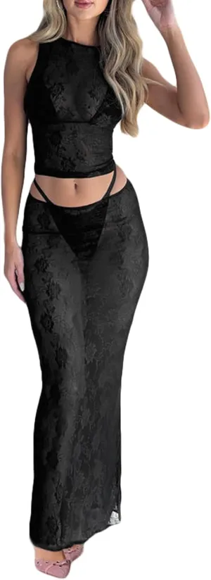 Women's 2 Piece Lace Maxi Skirt Set Sexy Mesh See Through Long Dress Set Sheer Long Sleeve Crop Tops Going Out Sets