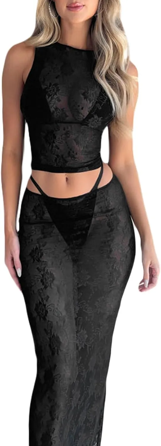 Women's 2 Piece Lace Maxi Skirt Set Sexy Mesh See Through Long Dress Set Sheer Long Sleeve Crop Tops Going Out Sets