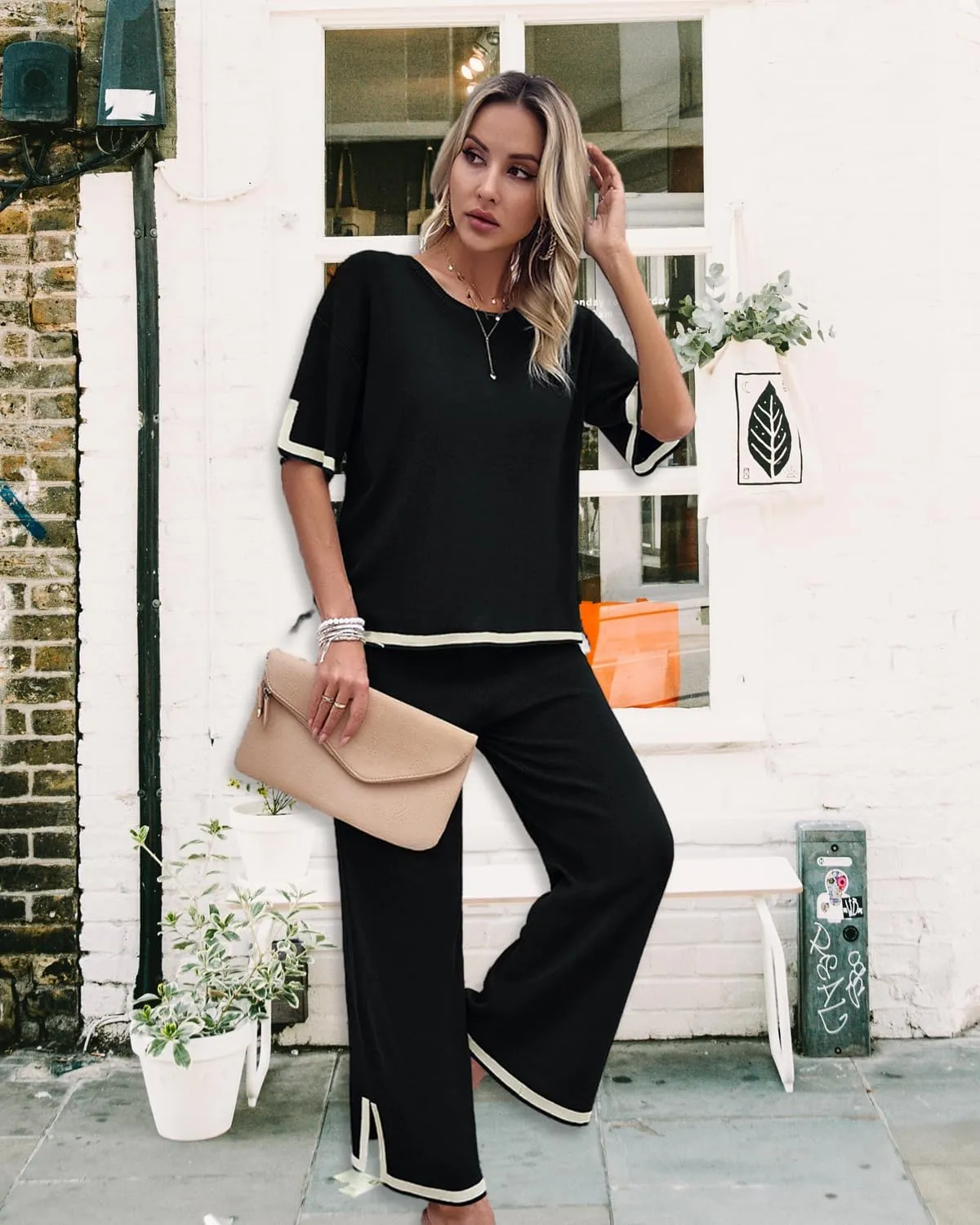 Womens 2 Piece Outfits Summer Sweater Sets Short Sleeve Knit Pullover Tops Wide Leg Pants Lounge Sets Tracksuits