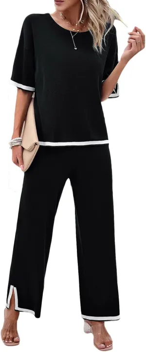 Womens 2 Piece Outfits Summer Sweater Sets Short Sleeve Knit Pullover Tops Wide Leg Pants Lounge Sets Tracksuits