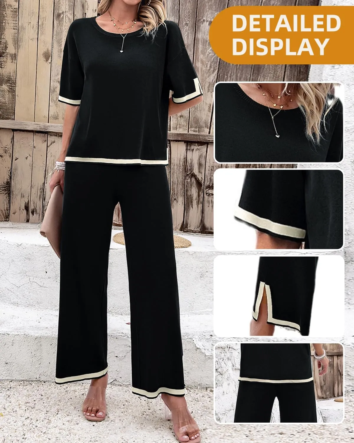 Womens 2 Piece Outfits Summer Sweater Sets Short Sleeve Knit Pullover Tops Wide Leg Pants Lounge Sets Tracksuits