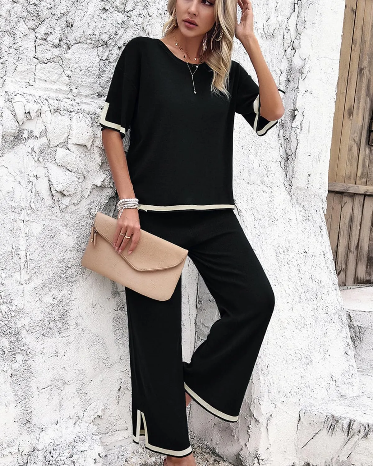 Womens 2 Piece Outfits Summer Sweater Sets Short Sleeve Knit Pullover Tops Wide Leg Pants Lounge Sets Tracksuits