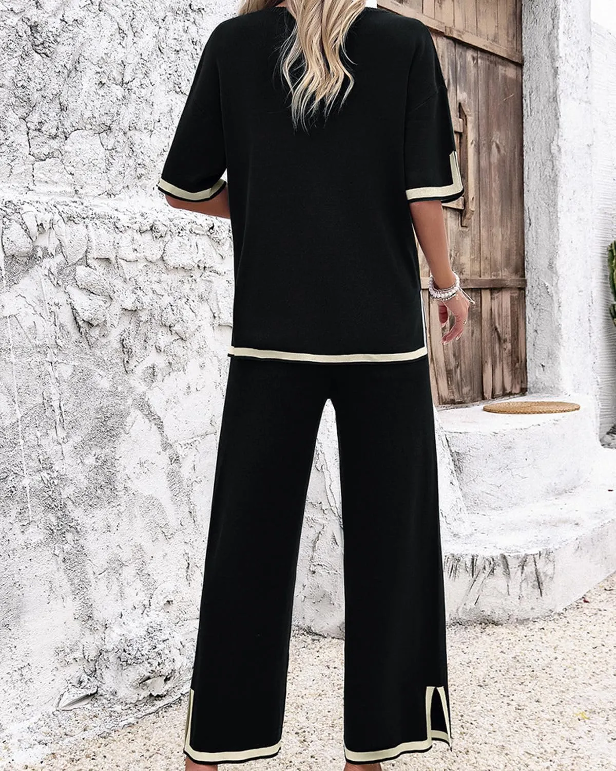 Womens 2 Piece Outfits Summer Sweater Sets Short Sleeve Knit Pullover Tops Wide Leg Pants Lounge Sets Tracksuits