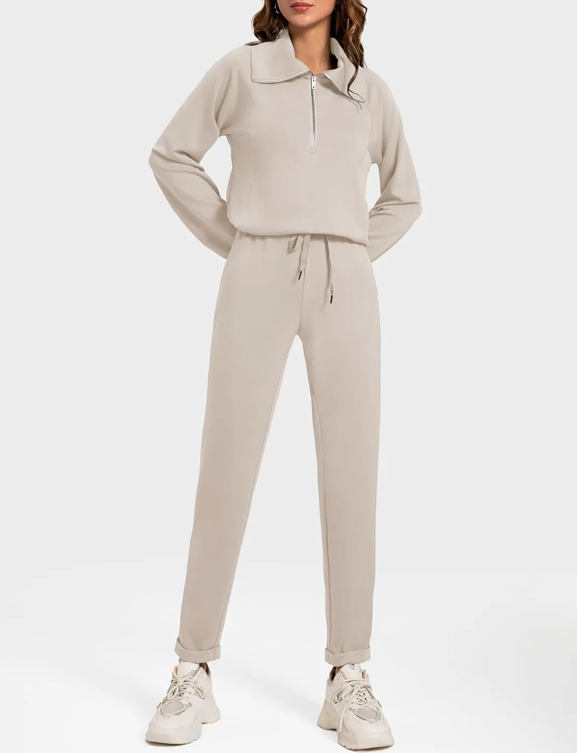 Women's 2 Piece Sets Sweatsuit Lapel Half Zip Sweatshirt Sweatpants Lounge Matching Sets Fall Outfits