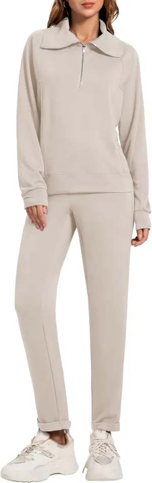 Women's 2 Piece Sets Sweatsuit Lapel Half Zip Sweatshirt Sweatpants Lounge Matching Sets Fall Outfits