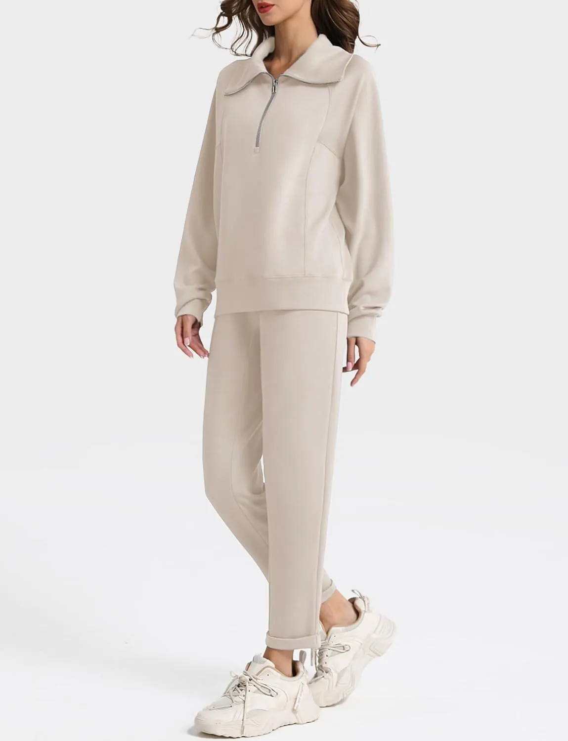 Women's 2 Piece Sets Sweatsuit Lapel Half Zip Sweatshirt Sweatpants Lounge Matching Sets Fall Outfits