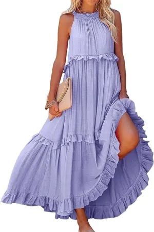 Women's 2024 Summer Sleeveless Halter Maxi Maxi Dress Casual Floral Tiered Flowy Long Sundress Boho Beach Dresses